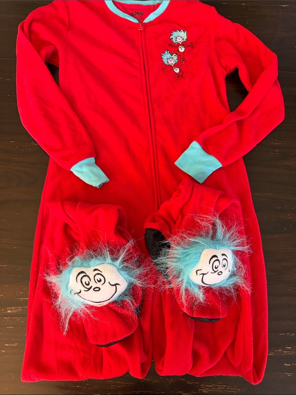 Dr. Seuss Red Footed Kids One-Piece Pajama with Blue Trim and Character Slippers